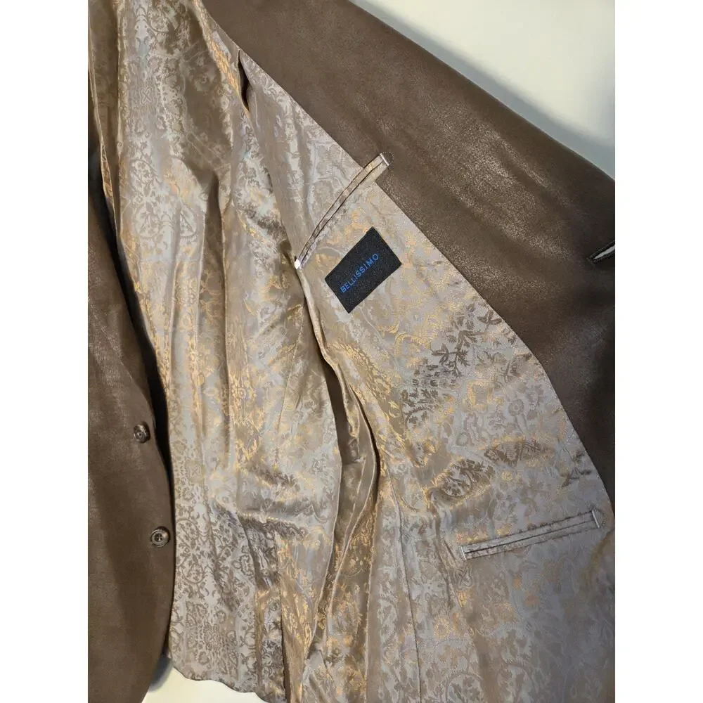 Bellissimo Men's Brown Sheen Blazer Size 46R Jaquard Lining 2 Button Dbl Vent